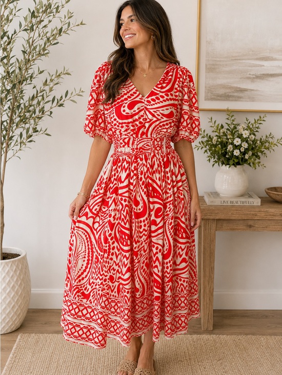 She + Sky Dresses & Skirts - NWT She + Sky Red White Print Smocked Puff Sleeve Midi Dress Size Small